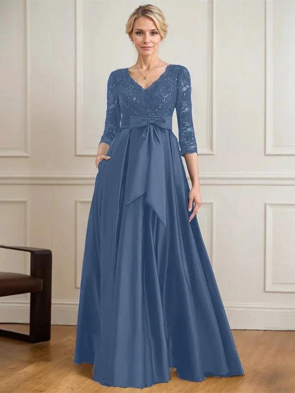 A-line V-Neck Floor-Length Satin Lace Mother of the Bride Dress With Sequins Bow by Dreamylily