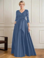 A-line V-Neck Floor-Length Satin Lace Mother of the Bride Dress With Sequins Bow by Dreamylily