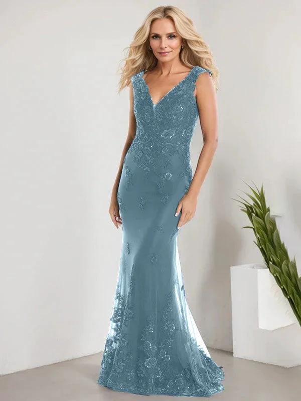 A-line V-Neck Floor-Length Lace Chiffon Mother of the Bride Dress With Applique Sequins Mermaid Dresses by Dreamylily