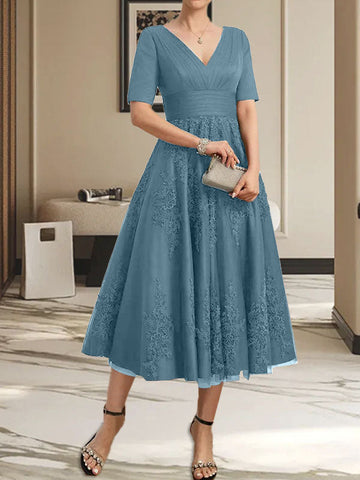 A-line V-Neck Tea-Length Tulle Lace Mother of the Bride Dress With Pleated