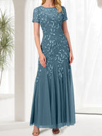 Blue Mermaid Round Neck Long Mother of the Bride Dress With Beadings