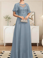 A-line Scoop Illusion Floor-Length Lace Chiffon Mother of the Bride Dress With Sequins by Dreamylily