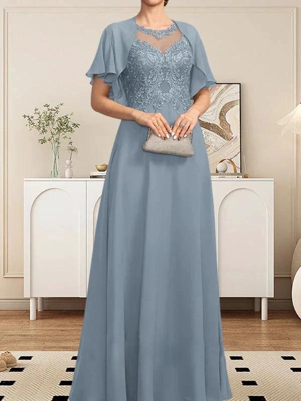 A-line Scoop Illusion Floor-Length Lace Chiffon Mother of the Bride Dress With Sequins by Dreamylily