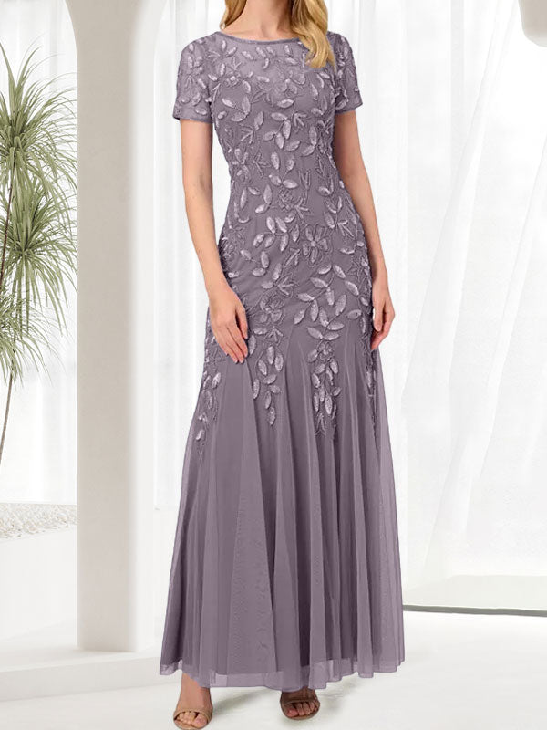 Blue Mermaid Round Neck Long Mother of the Bride Dress With Beadings