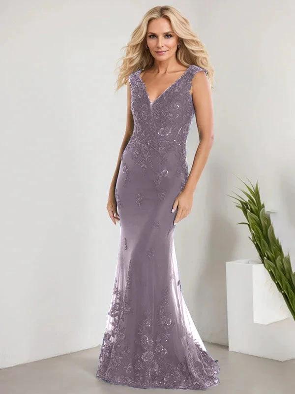 A-line V-Neck Floor-Length Lace Chiffon Mother of the Bride Dress With Applique Sequins Mermaid Dresses by Dreamylily