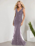 A-line V-Neck Floor-Length Lace Chiffon Mother of the Bride Dress With Applique Sequins Mermaid Dresses by Dreamylily