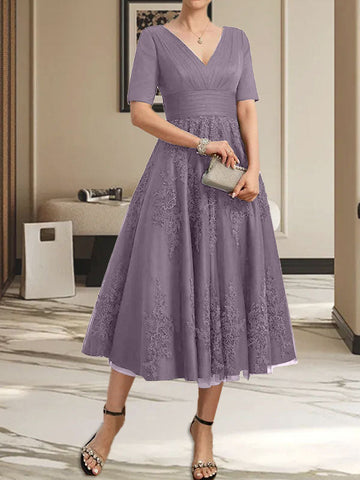 A-line V-Neck Tea-Length Tulle Lace Mother of the Bride Dress With Pleated