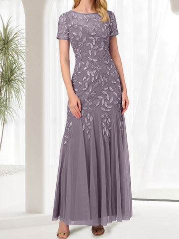 Vestido largo de sirena azul con cuello redondo para madre de la novia con cuentas