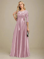 A-line Scoop Illusion Floor-Length Stretch Satin Lace Mother of the Bride Dress With Bow Sequins by Dreamylily