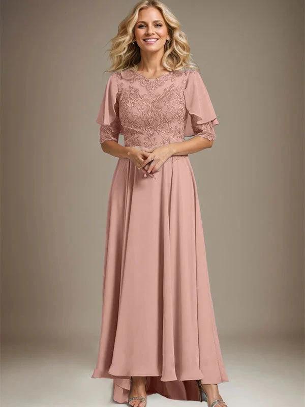 A-line Scoop Illusion Asymmetrical Chiffon Lace Mother of the Bride Dress With Beading by Dreamylily