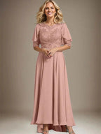 A-line Scoop Illusion Asymmetrical Chiffon Lace Mother of the Bride Dress With Beading by Dreamylily