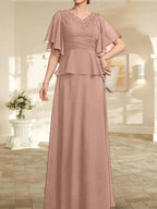 A-line V-Neck Floor-Length Chiffon Mother of the Bride Dress With Pleated Beading by Dreamylily