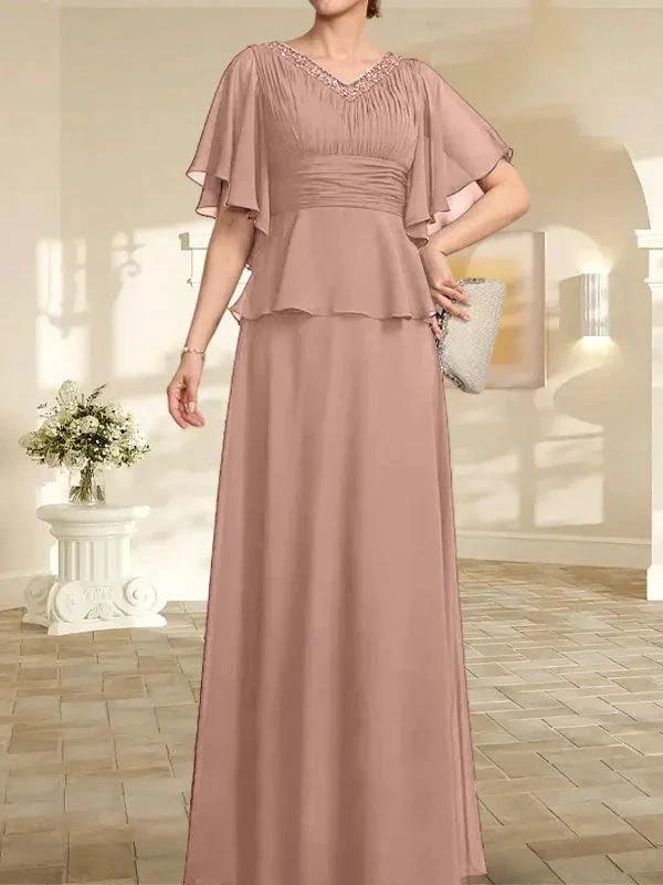 A-line V-Neck Floor-Length Chiffon Mother of the Bride Dress With Pleated Beading by Dreamylily