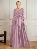 A-line V-Neck Floor-Length Satin Lace Mother of the Bride Dress With Sequins Bow by Dreamylily