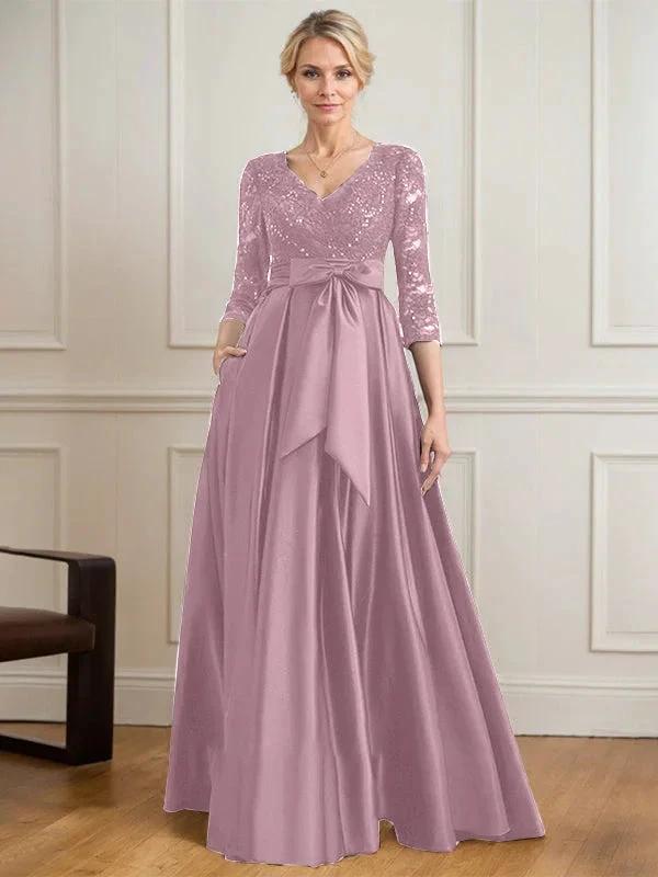 A-line V-Neck Floor-Length Satin Lace Mother of the Bride Dress With Sequins Bow by Dreamylily