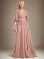 A-line V-Neck Floor-Length Chiffon Lace Mother of the Bride Dress With Crystal Brooch Rhinestone by Dreamylily
