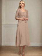 A-line Square Tea-Length Chiffon Lace Mother of the Bride Dress With Sequins Beading by Dreamylily