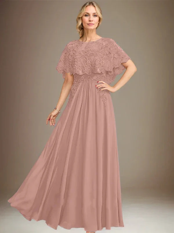 A-line Boat Neck Floor-Length Lace Chiffon Mother of the Bride Dress With Applique Sequins by Dreamylily