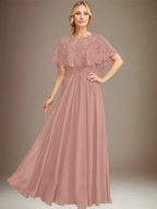 A-line Boat Neck Floor-Length Lace Chiffon Mother of the Bride Dress With Applique Sequins by Dreamylily