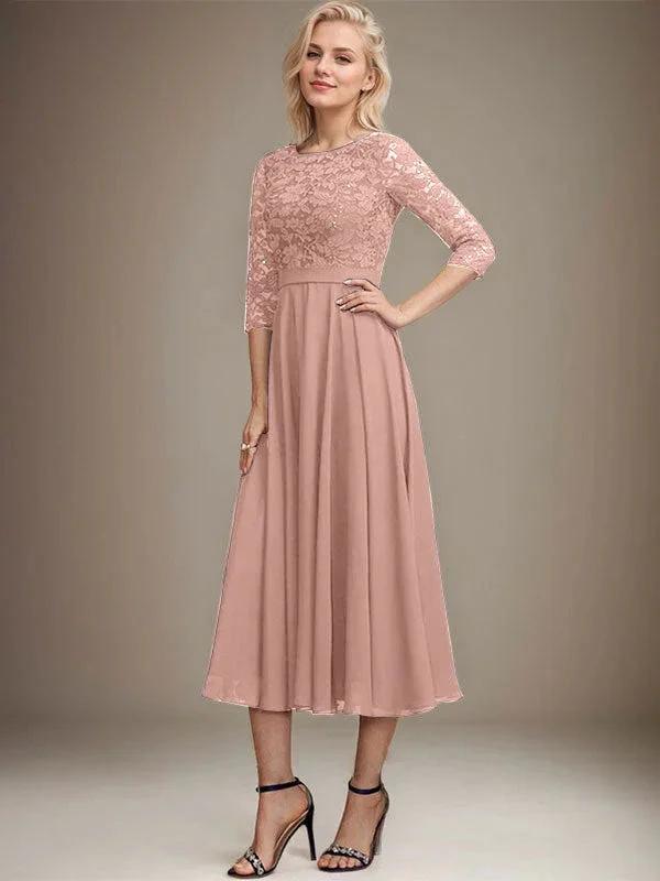 A-line Scoop Tea-Length Lace Chiffon Mother of the Bride Dress With Sequins by Dreamylily