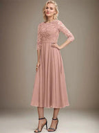 A-line Scoop Tea-Length Lace Chiffon Mother of the Bride Dress With Sequins by Dreamylily