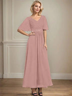 A-line V-Neck Ankle-Length Chiffon Mother of the Bride Dress With Pleated Beading Sequins by Dreamylily