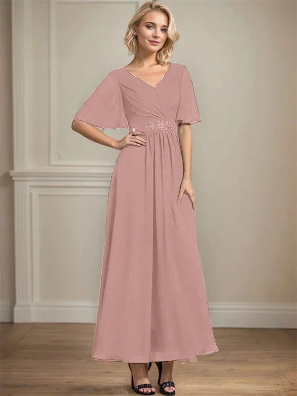 A-line V-Neck Ankle-Length Chiffon Mother of the Bride Dress With Pleated Beading Sequins by Dreamylily