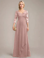 A-line V-Neck Floor-Length Lace Chiffon Mother of the Bride Dress With Cascading Ruffles Sequins by Dreamylily