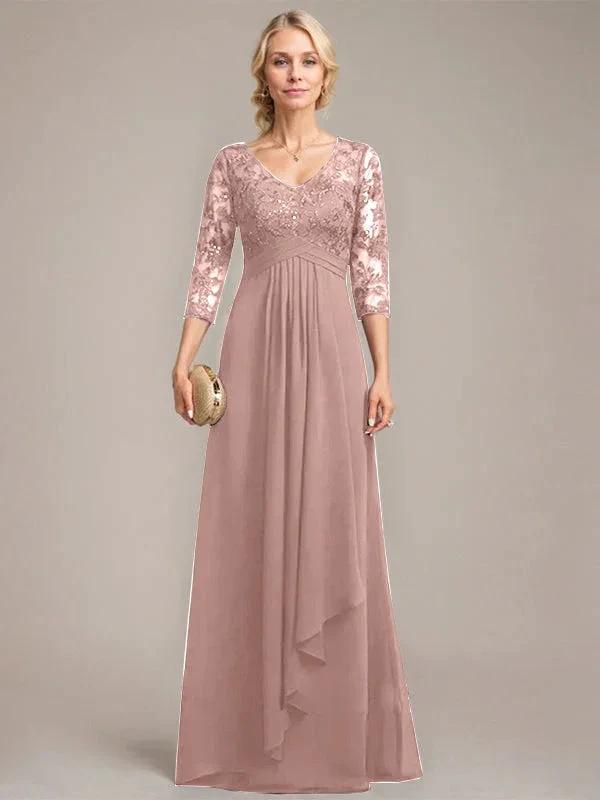 A-line V-Neck Floor-Length Lace Chiffon Mother of the Bride Dress With Cascading Ruffles Sequins by Dreamylily