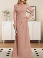 Sheath/Column V-Neck Illusion Floor-Length Lace Chiffon Mother of the Bride Dress With Pleated Sequins by Dreamylily