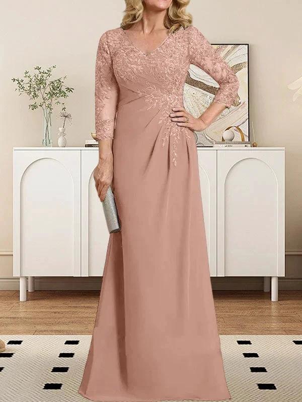 Sheath/Column V-Neck Illusion Floor-Length Lace Chiffon Mother of the Bride Dress With Pleated Sequins by Dreamylily