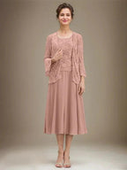 A-line Scoop Tea-Length Lace Chiffon Mother of the Bride Dress With Sequins by Dreamylily