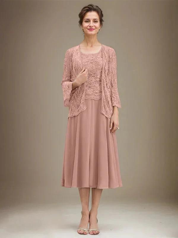 A-line Scoop Tea-Length Lace Chiffon Mother of the Bride Dress With Sequins by Dreamylily