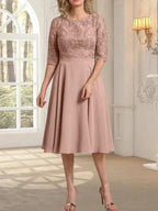 A-line Scoop Knee-Length Lace Chiffon Mother of the Bride Dress by Dreamylily