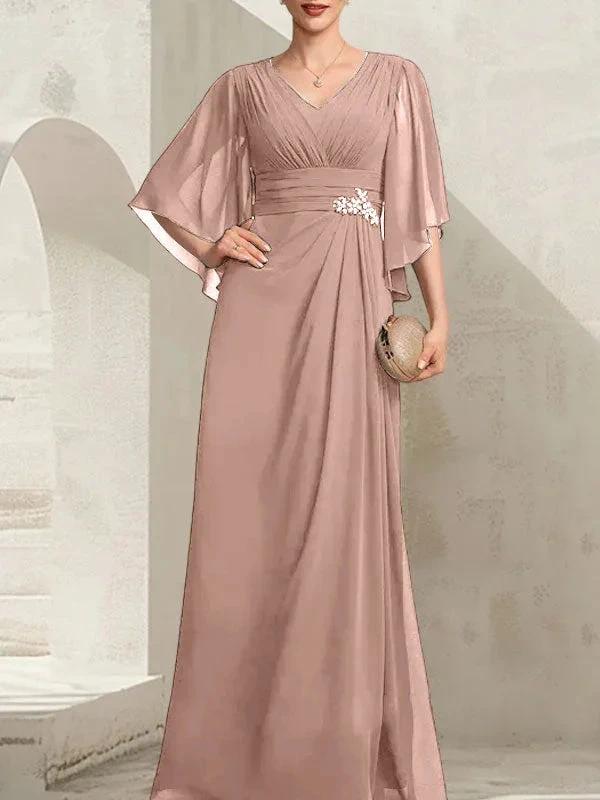 Sheath/Column V-Neck Floor-Length Chiffon Mother of the Bride Dress With Pleated Sequins Beading by Dreamylily