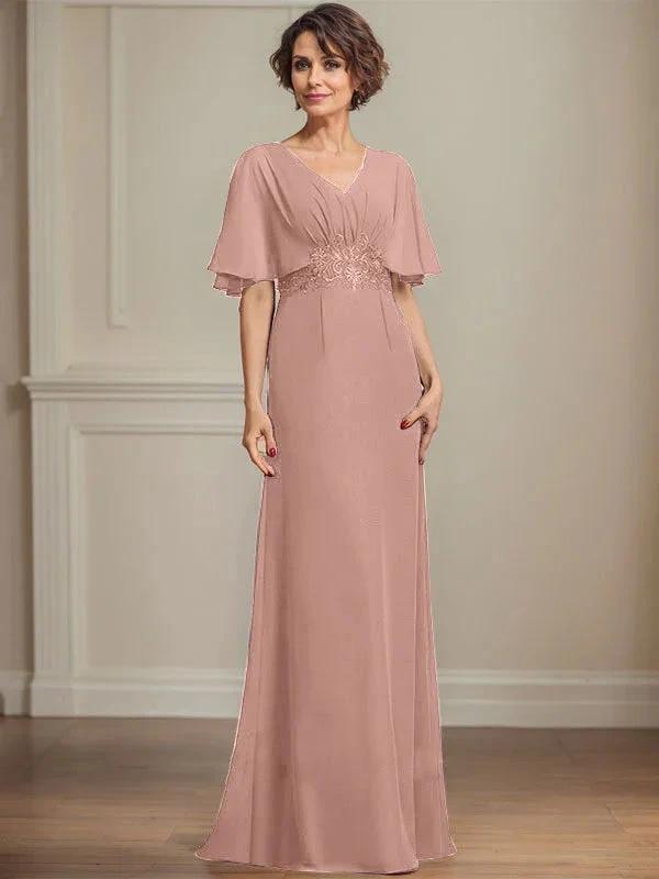 A-line V-Neck Floor-Length Chiffon Mother of the Bride Dress With Pleated Sequins Appliques Lace by Dreamylily