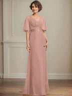 A-line V-Neck Floor-Length Chiffon Mother of the Bride Dress With Pleated Sequins Appliques Lace by Dreamylily