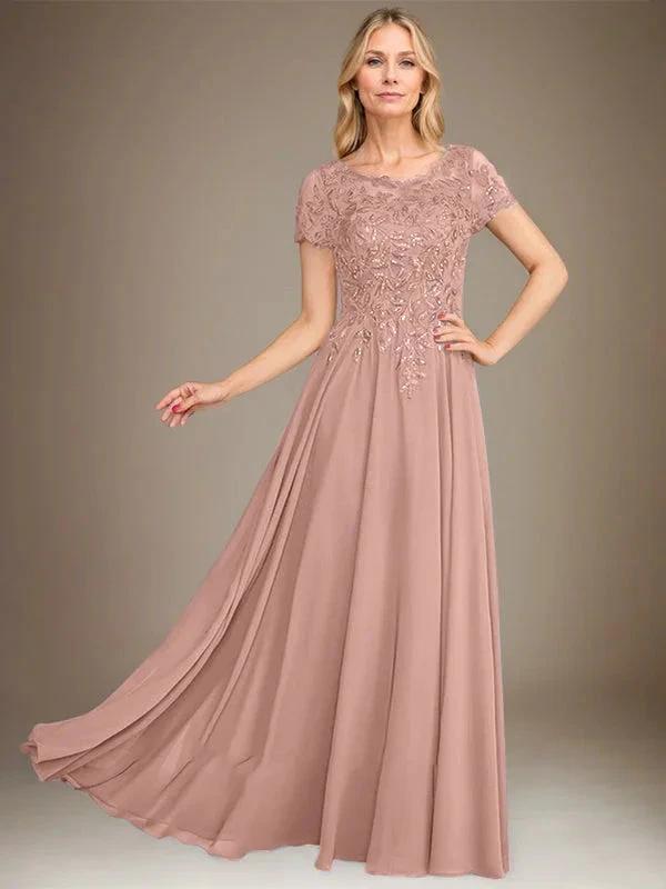 A-Line Scoop Floor-Length Chiffon Mother of the Bride Dress With Applique & Sequins by Dreamylily