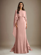 Sheath/Column Boatneck Floor-Length Chiffon Mother of the Bride Dress With Cascading Ruffles