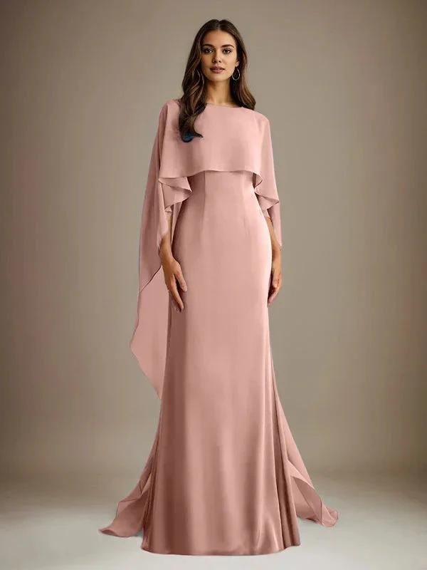 Sheath/Column Boatneck Floor-Length Chiffon Mother of the Bride Dress With Cascading Ruffles by Dreamylily
