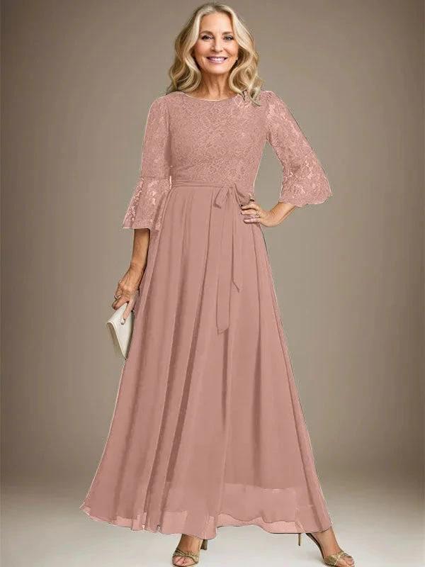 A-line Scoop Ankle-Length Lace Chiffon Mother of the Bride Dress With Bow by Dreamylily