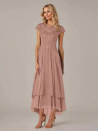 A-line Boat Neck Illusion Asymmetrical Chiffon Lace Mother of the Bride Dress With Applique Pleats by Dreamylily