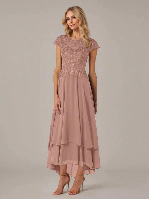 A-line Boat Neck Illusion Asymmetrical Chiffon Lace Mother of the Bride Dress With Applique Pleats by Dreamylily