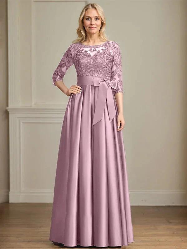 A-line Scoop Illusion Floor-Length Satin Lace Mother of the Bride Dress With Sequins Bow by Dreamylily