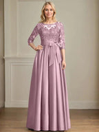 A-line Scoop Illusion Floor-Length Satin Lace Mother of the Bride Dress With Sequins Bow by Dreamylily