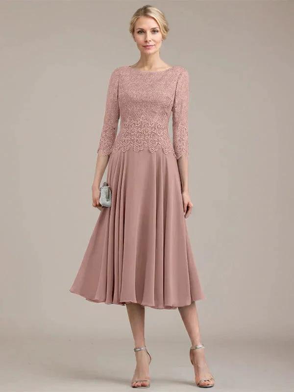 A-line Scoop Tea-Length Lace Chiffon Mother of the Bride Dress by Dreamylily