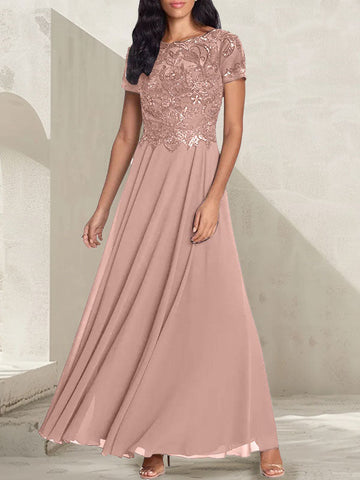 Vestido largo de madre de la novia con escote redondo, corte A, color gris carbón y cuentas