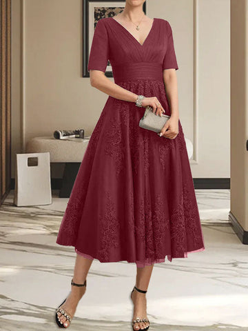 A-line V-Neck Tea-Length Tulle Lace Mother of the Bride Dress With Pleated