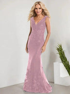 A-line V-Neck Floor-Length Lace Chiffon Mother of the Bride Dress With Applique Sequins Mermaid Dresses by Dreamylily