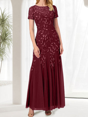 Vestido largo de sirena azul con cuello redondo para madre de la novia con cuentas